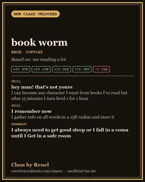 Class card for book worm, a Dungeon Crawler Carl class invented by Reuel