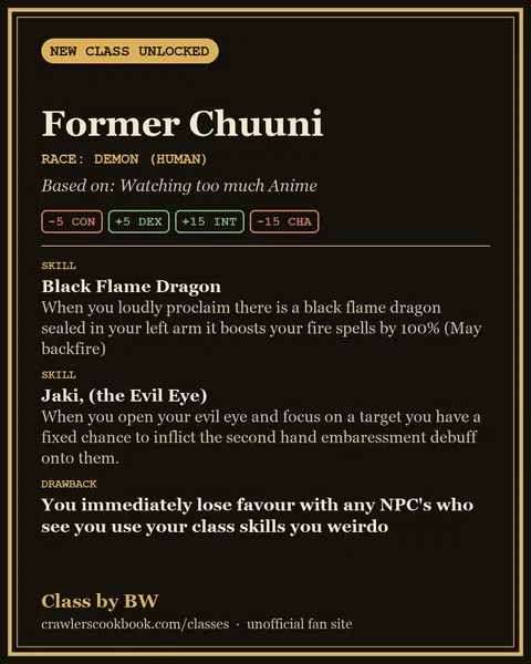 Class card for Former Chuuni, a Dungeon Crawler Carl class invented by BW