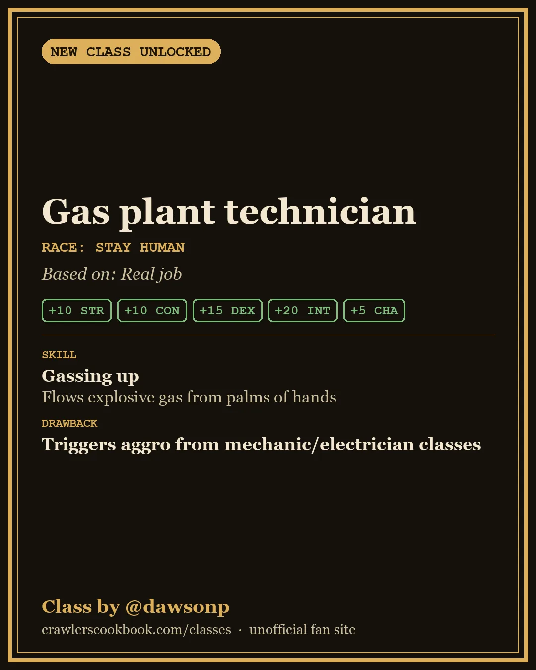 Class card for Gas plant technician, a Dungeon Crawler Carl class invented by @dawsonp