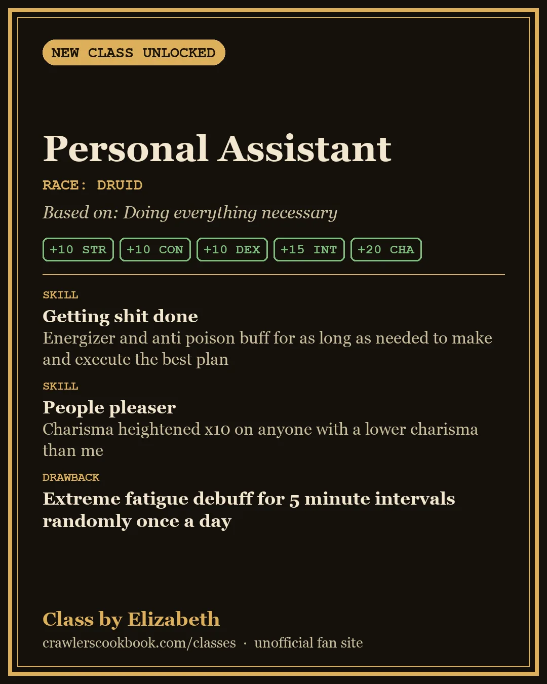 Class card for Personal Assistant, a Dungeon Crawler Carl class invented by Elizabeth