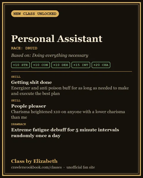 Class card for Personal Assistant, a Dungeon Crawler Carl class invented by Elizabeth