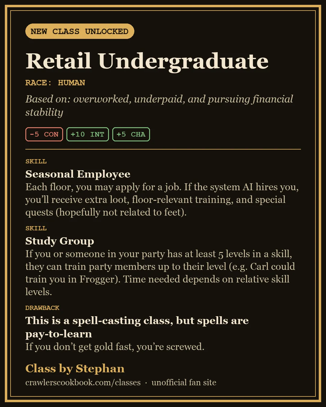 Class card for Retail Undergraduate, a Dungeon Crawler Carl class invented by Stephan