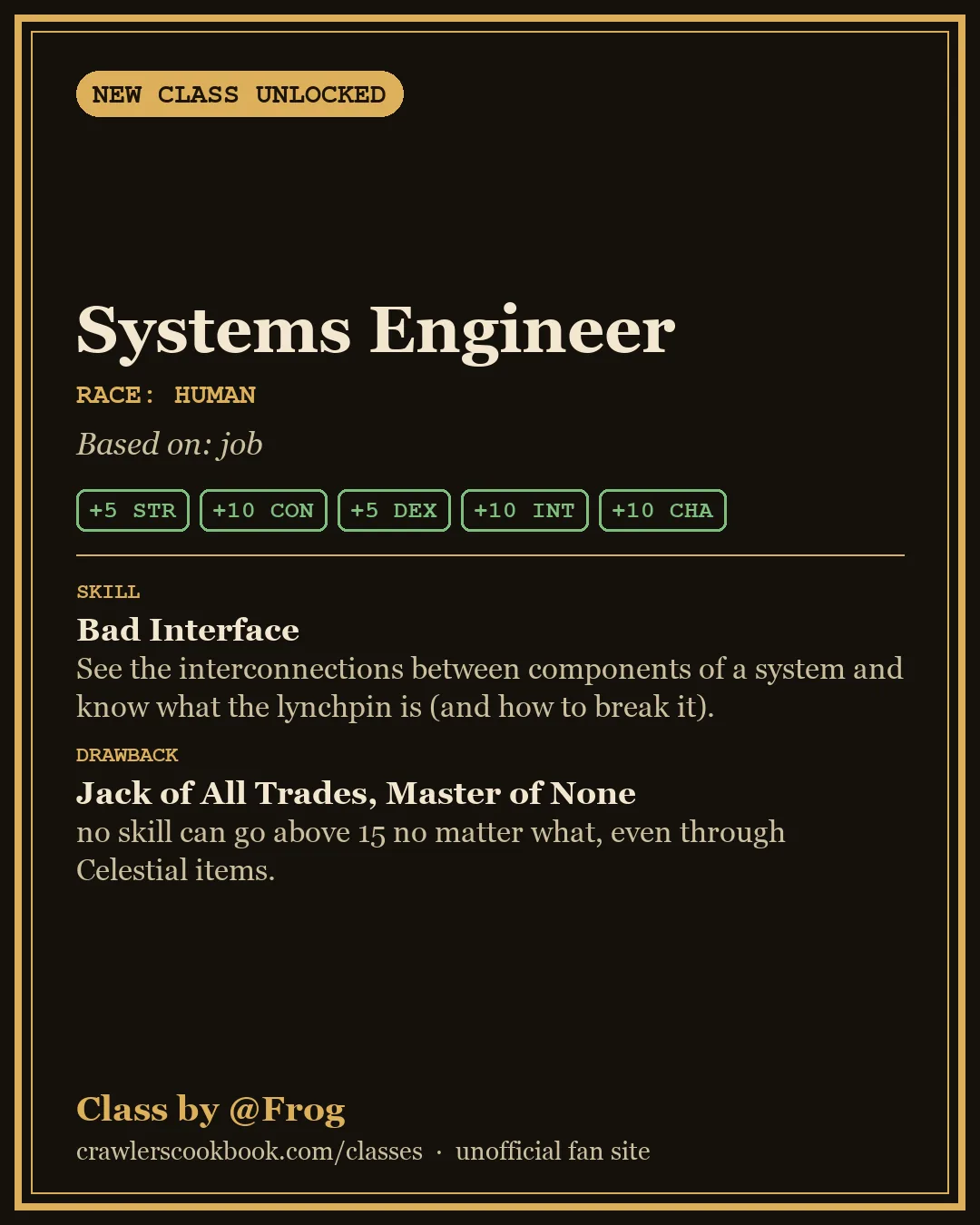 Class card for Systems Engineer, a Dungeon Crawler Carl class invented by @Frog