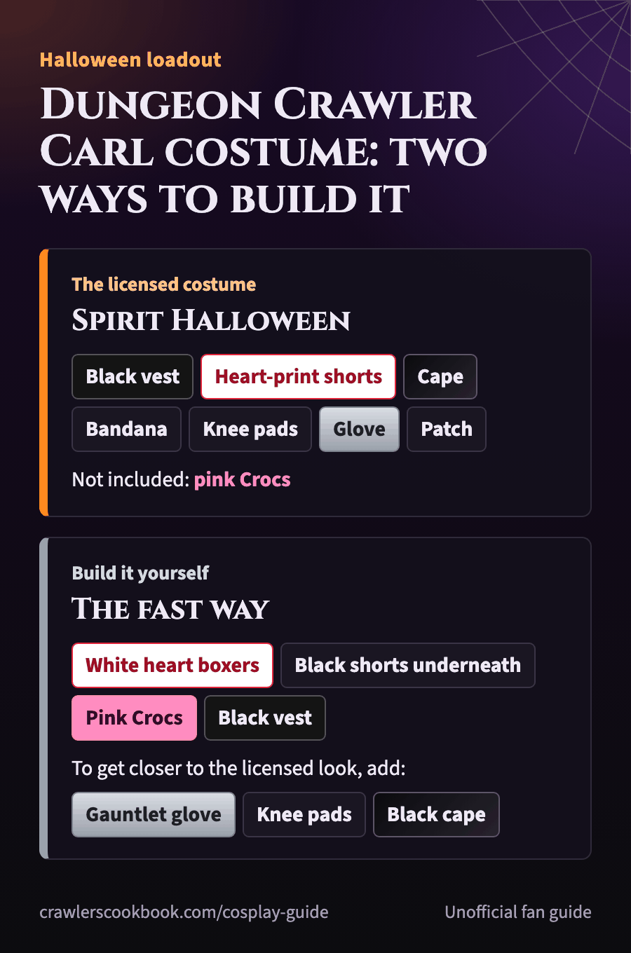 Dungeon Crawler Carl costume, two ways to build it. Route 1, licensed: the Spirit Halloween costume includes a black vest, heart-print shorts, a cape, a bandana, knee pads, a glove and a patch; pink Crocs are not included. Route 2, build it yourself: white heart boxers, black shorts underneath, pink Crocs and a black vest, then add a gauntlet glove, knee pads and a black cape to get closer to the licensed look.